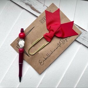 Red Ribbon Jumbo Paperclip Bookmark with Matching Red Pen